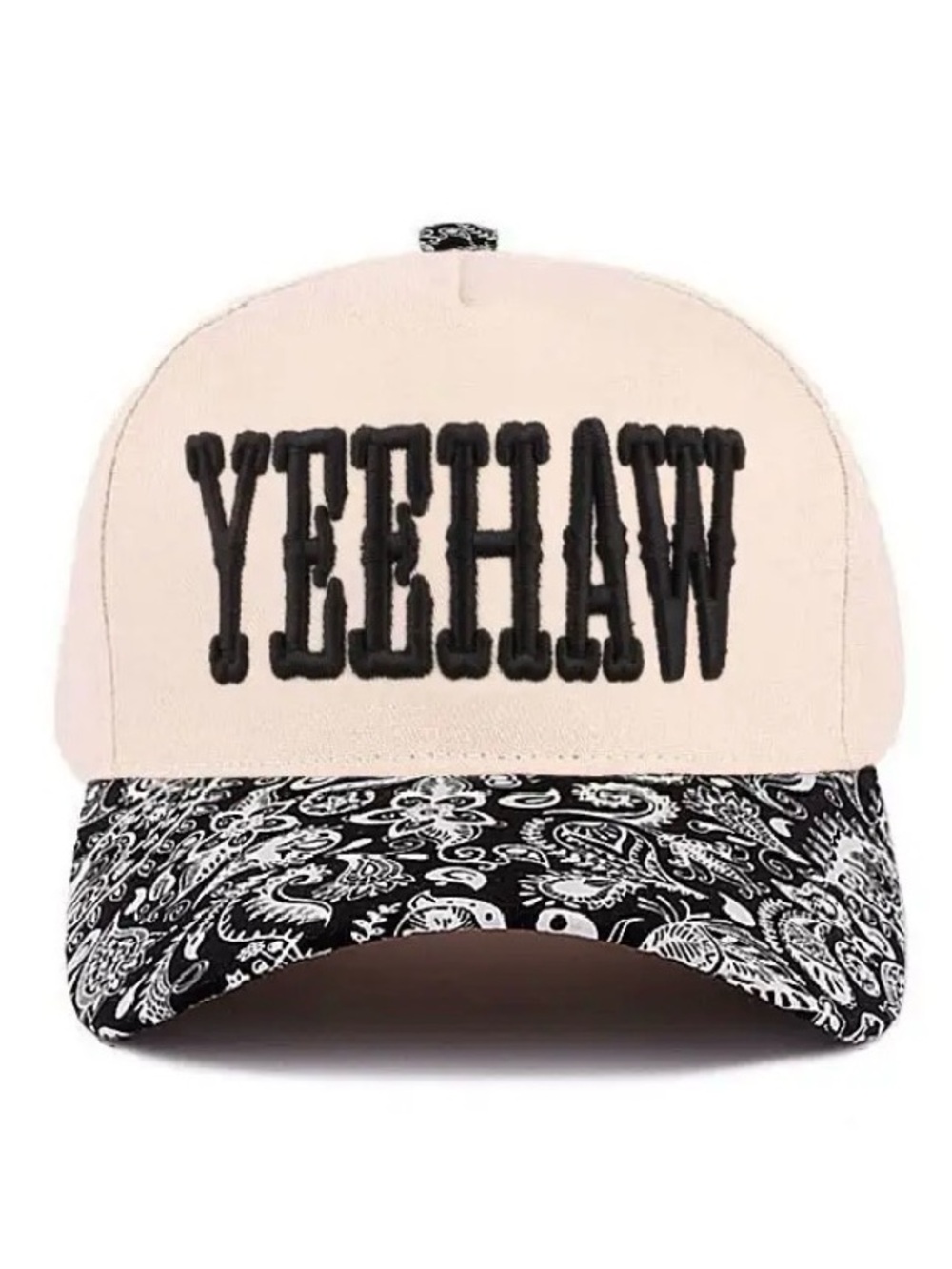 "Yeehaw" Embroidered Paisley Print Baseball Cap| Trucker Hat | Cream Black